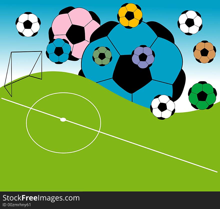 Abstract colored illustration with football field and many colored balls. Abstract colored illustration with football field and many colored balls