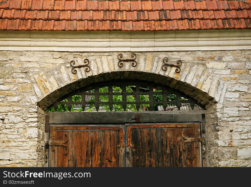 Old wooden gate in a court yard of the old city of Kamenets Podolsk Ukraine