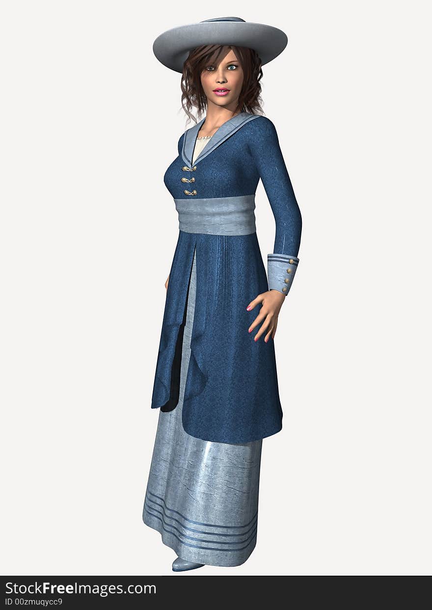 Lovely lady in typical Edwardian era travel attire.  3 dimensional models, computer generated image. Lovely lady in typical Edwardian era travel attire.  3 dimensional models, computer generated image