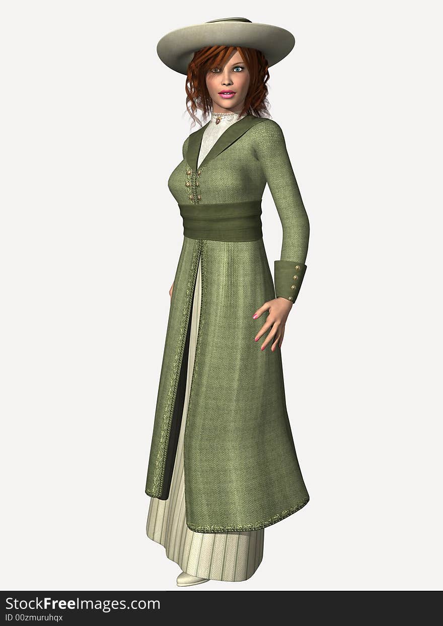 Lovely lady in typical Edwardian era travel attire.  3 dimensional models, computer generated image. Lovely lady in typical Edwardian era travel attire.  3 dimensional models, computer generated image