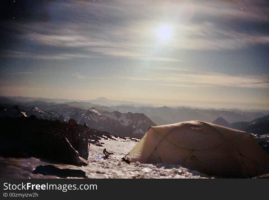 A tent set up high on Mount Rainier on the Muir snowfield. A tent set up high on Mount Rainier on the Muir snowfield