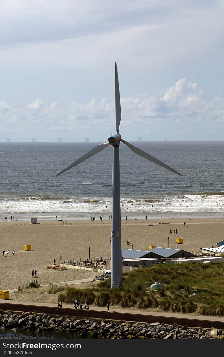 Wind Turbine on the Beach in Holland. Wind Turbine on the Beach in Holland