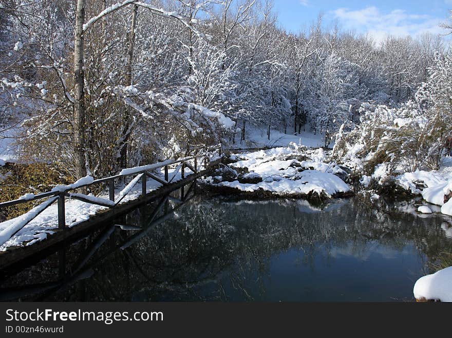 Winter in a Cantabrigian forest with a bridge across river Ebro