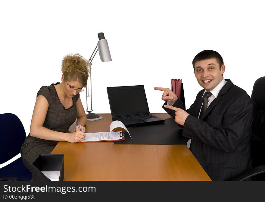 Businesswoman and businessman in office. Businesswoman and businessman in office.