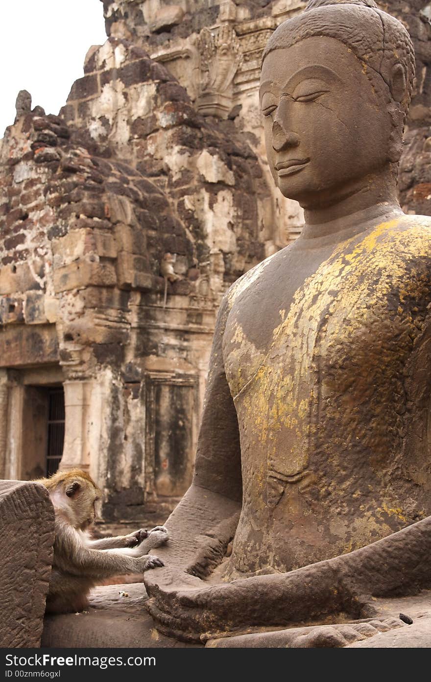 A monkey seems to pray in front of the buddha in the lopburi's khmer temple in thailand. A monkey seems to pray in front of the buddha in the lopburi's khmer temple in thailand.