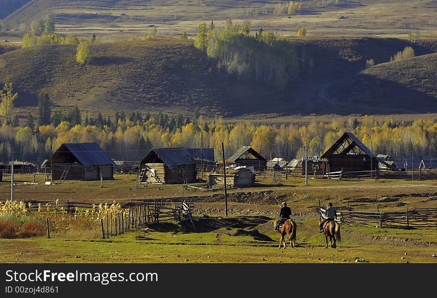 Two people in a village nightfall. Two people in a village nightfall