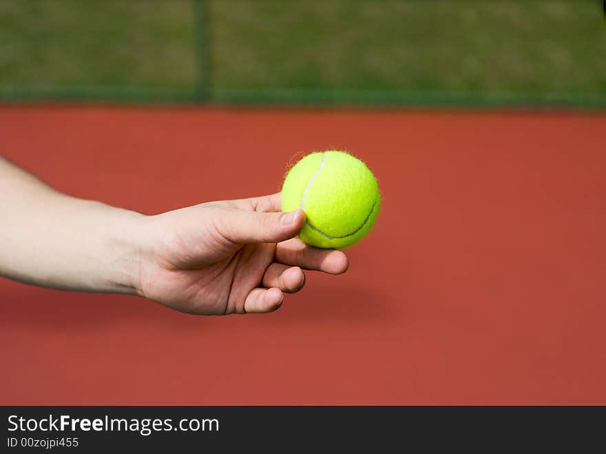 A male player is holding a fresh green tennis ball at the tennis court. The color of the ball is very contrast to the background.