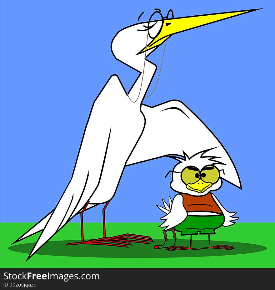 An overprotective stork proud of her naughty son. An overprotective stork proud of her naughty son