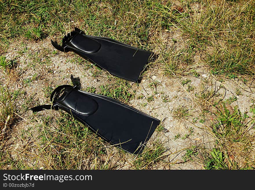 Pair of black swimfins and red mattrass on green grass