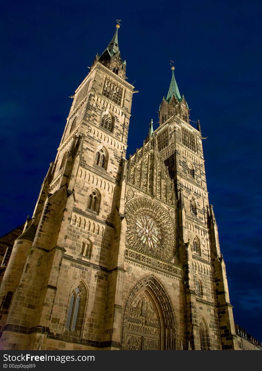 Night view of St Lawrence Church(Lorenzkirche) in Nuremburg, Germany