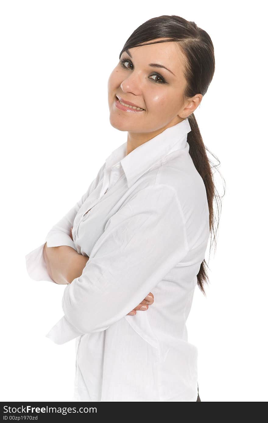 Attractive brunette businesswoman on white background