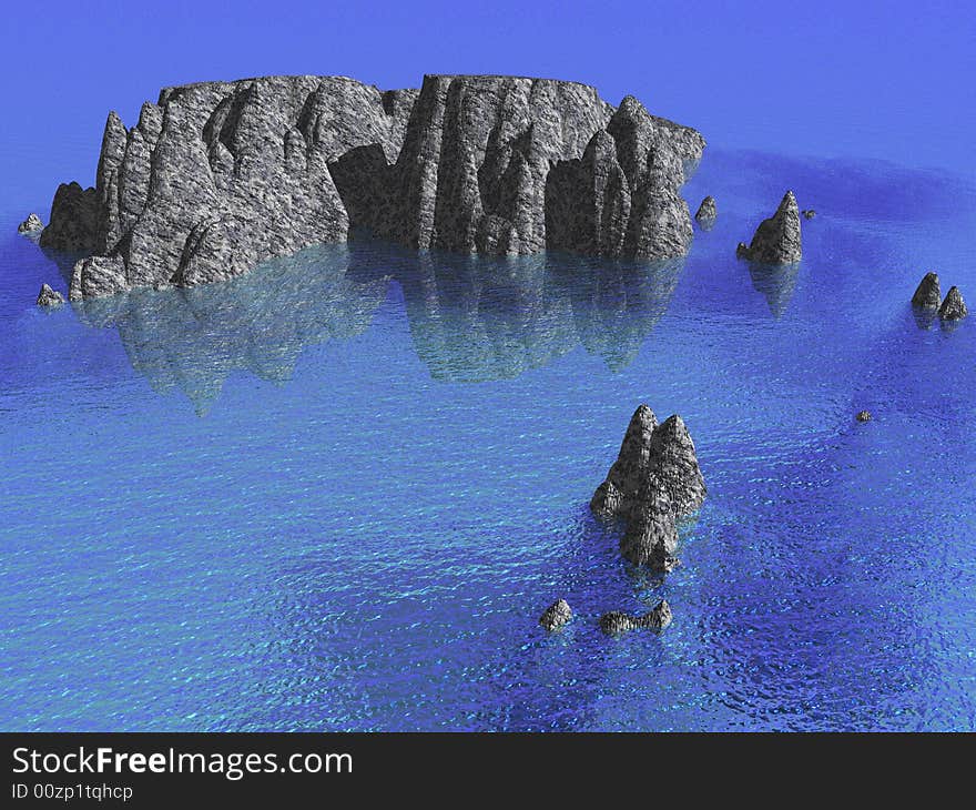 An abstract 3d render of an isolated rocky lagoon