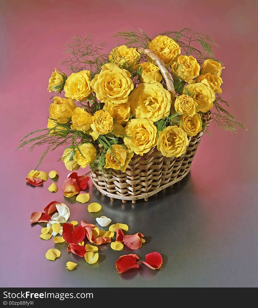 Basket with yellow roses and petals. Basket with yellow roses and petals