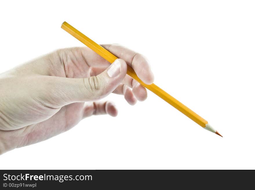 Hand with a pencil on a white background. Hand with a pencil on a white background