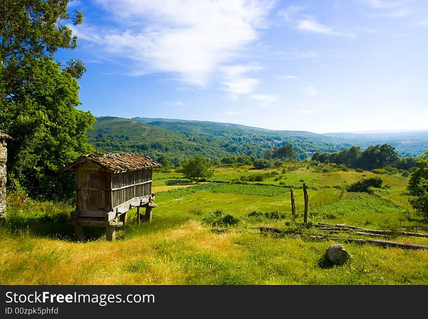 Grain store in an idyllic field with grass and corn. Grain store in an idyllic field with grass and corn