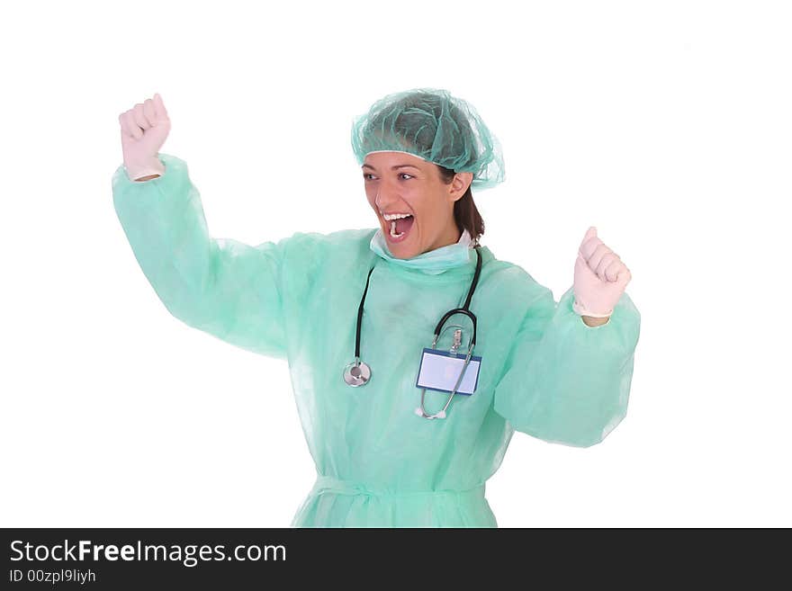 Details an successful healthcare worker on white background