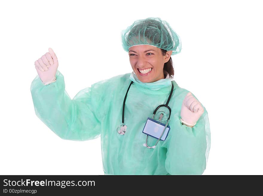 Details an successful healthcare worker on white background