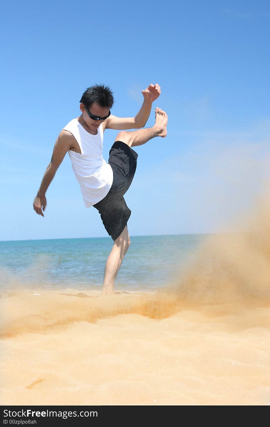 Exciting tropical beach, kicking the beach sand