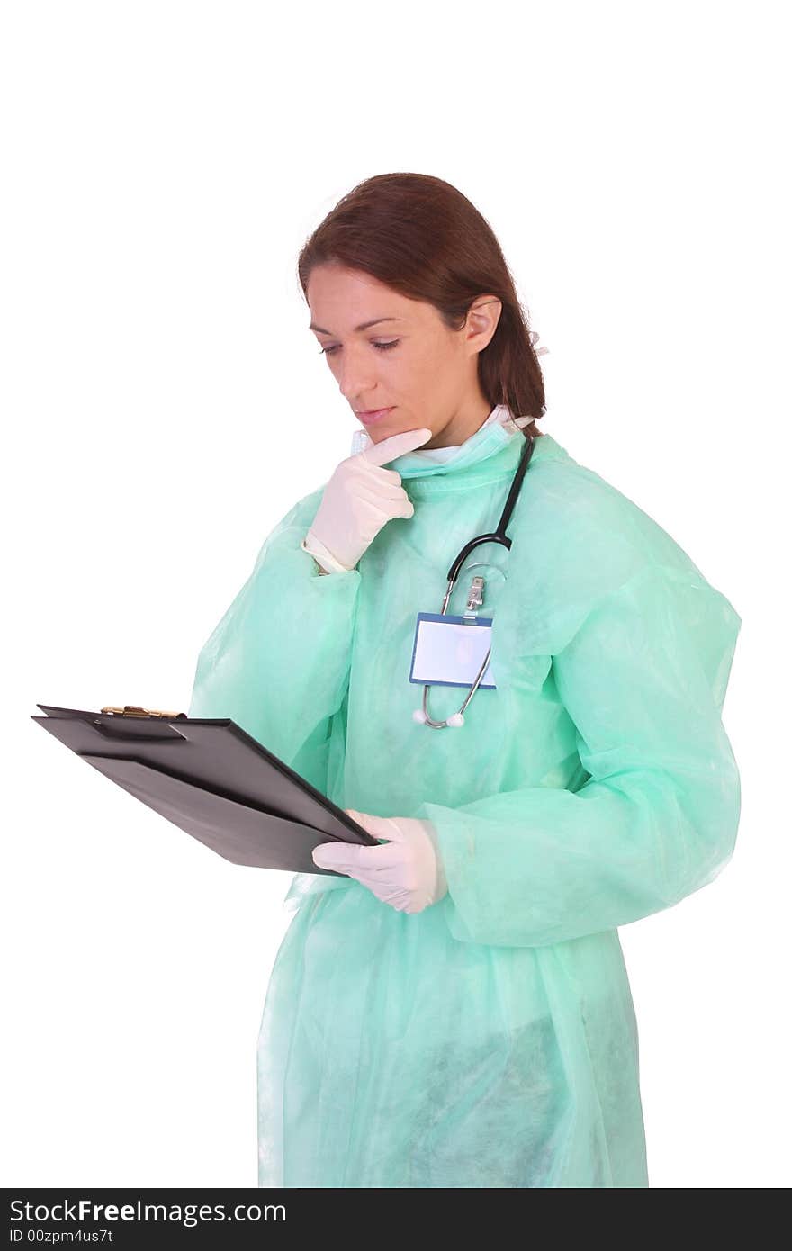 Healthcare worker with documents on white background