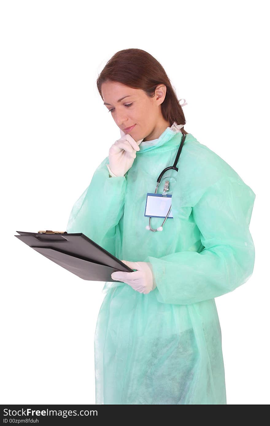 Healthcare worker with documents on white background