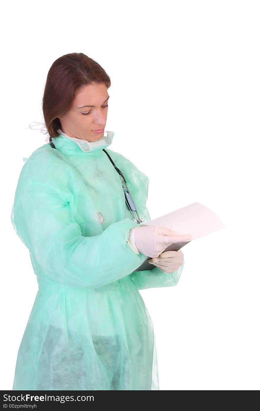 Healthcare worker with documents on white background