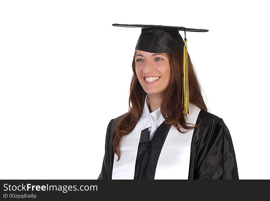 Happy graduation a young woman on white background