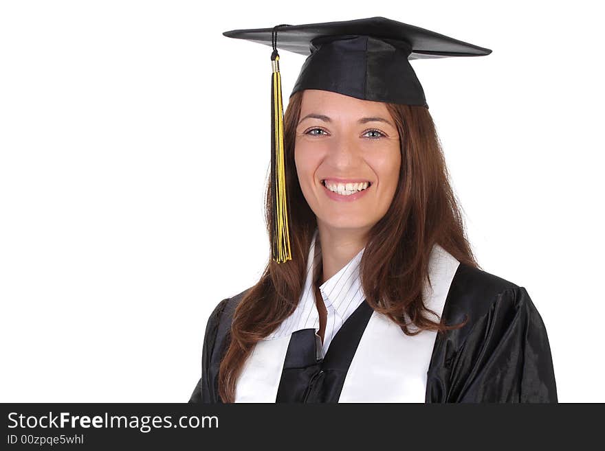 Happy graduation a young woman on white background