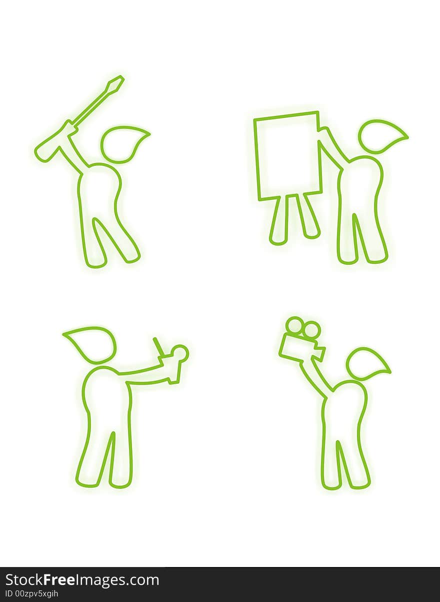 Character green icons, that represent workshop, presentations, retreats and webcast.