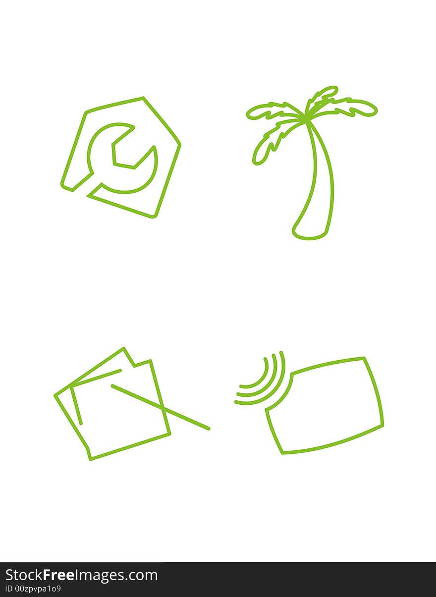 Character green icons, that represent workshop, presentations, retreats and webcast.