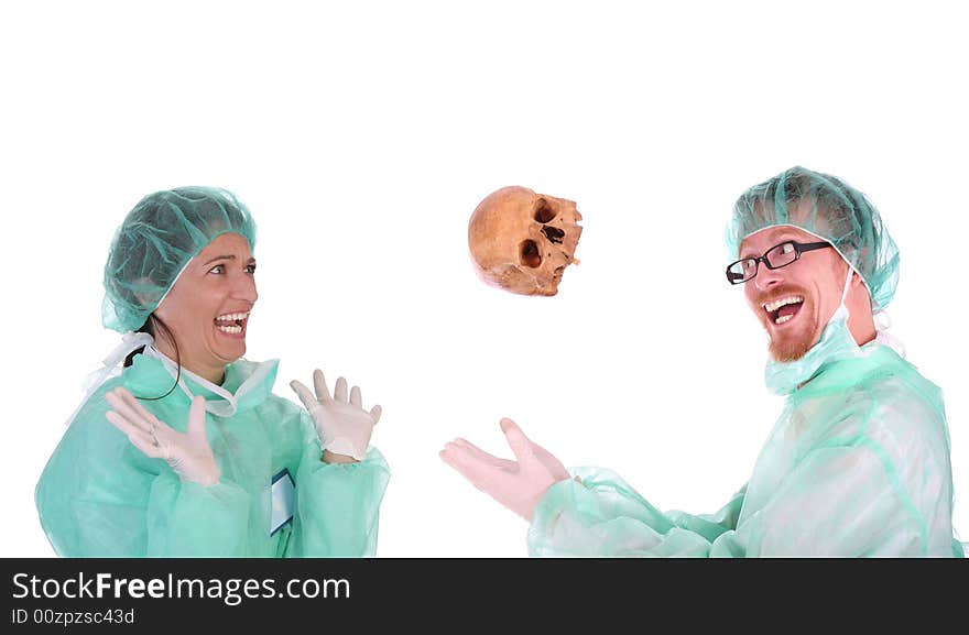 Surgeon with skull and shouting shocked healthcare worker. Surgeon with skull and shouting shocked healthcare worker