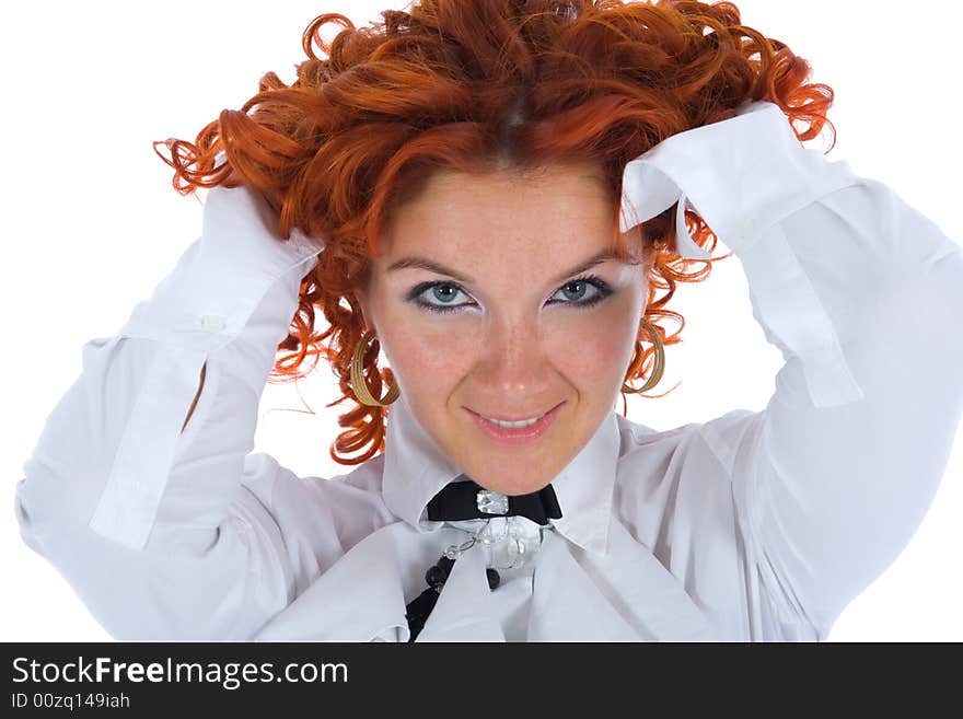 Red woman in business dress on white. Red woman in business dress on white