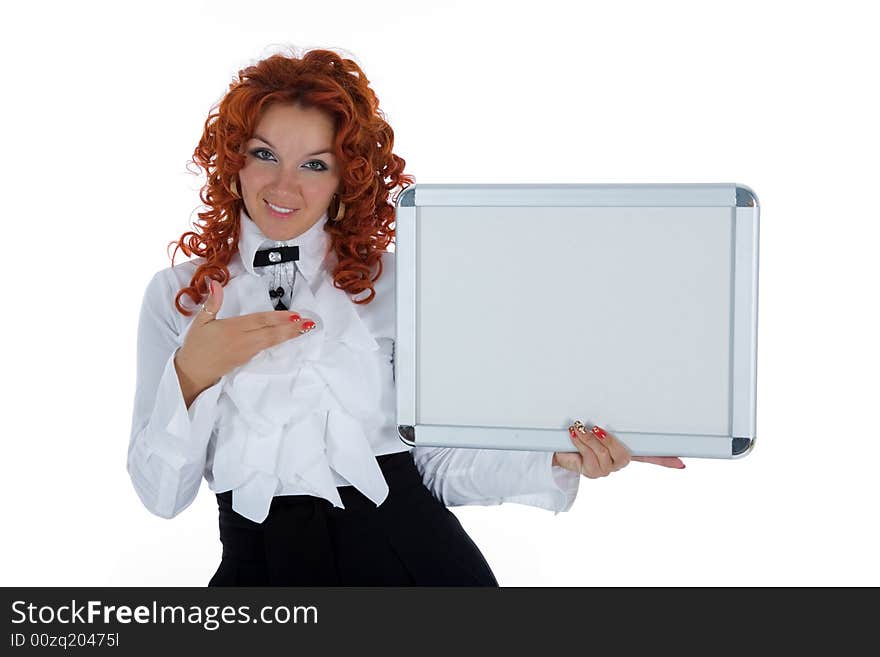 Beautiful young girl showing a blank board. Place for text