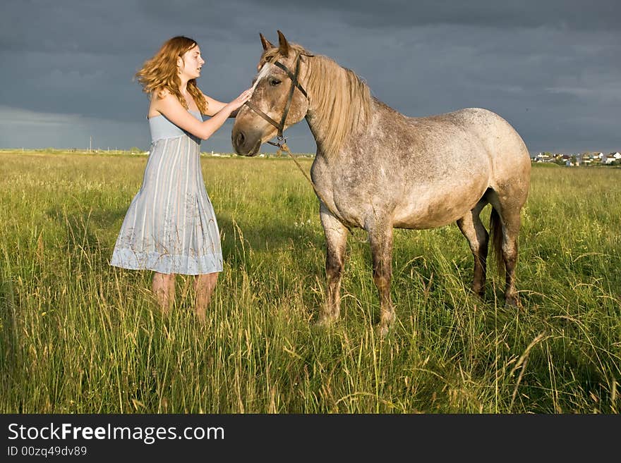 The girl caress a horse on a meadow. The girl caress a horse on a meadow