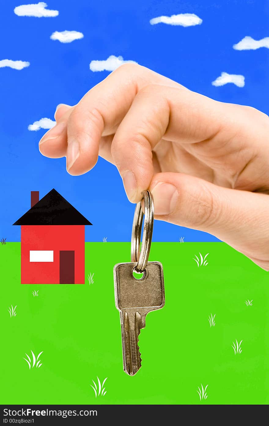 Close up of a person's hand, handing over a key.  Focus on the key. Isolated on a white background. Close up of a person's hand, handing over a key.  Focus on the key. Isolated on a white background.