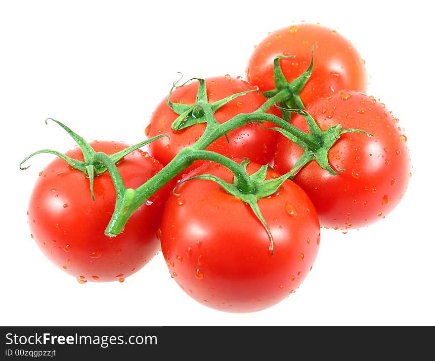 Red and wet isolate tomatoes over white. Red and wet isolate tomatoes over white