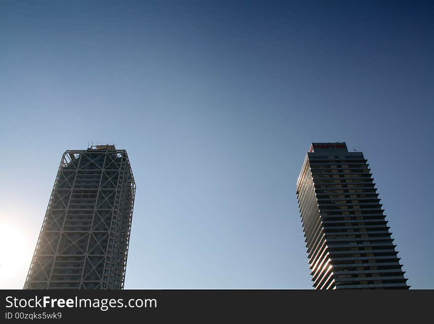 Twin towers of barcelona, business and hotel skyscrapers