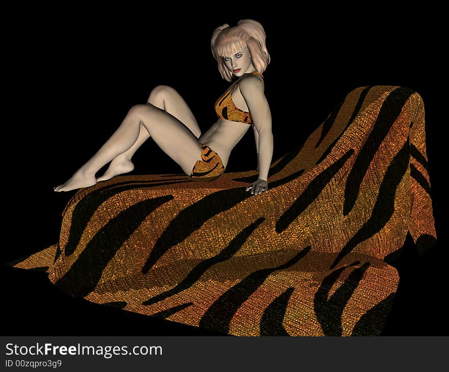 Seductive young lady in tiger skin bikini, 3 dimensional model, computer generated image. Seductive young lady in tiger skin bikini, 3 dimensional model, computer generated image.