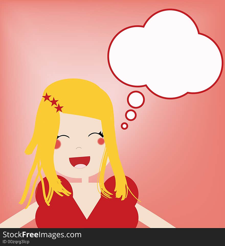 Happy blond girl in a red party dress with speech bubble. Happy blond girl in a red party dress with speech bubble