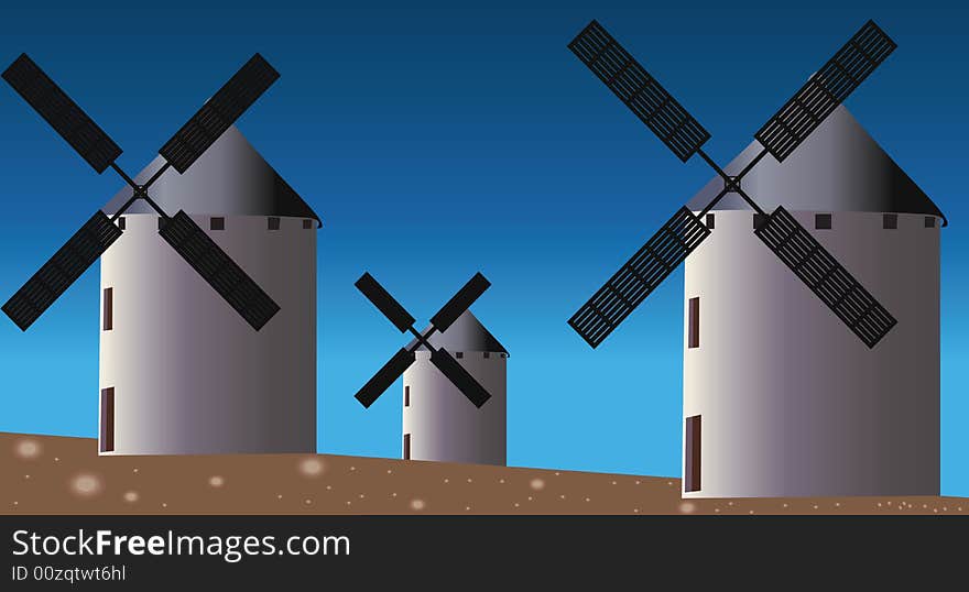 Three Windmills In Field