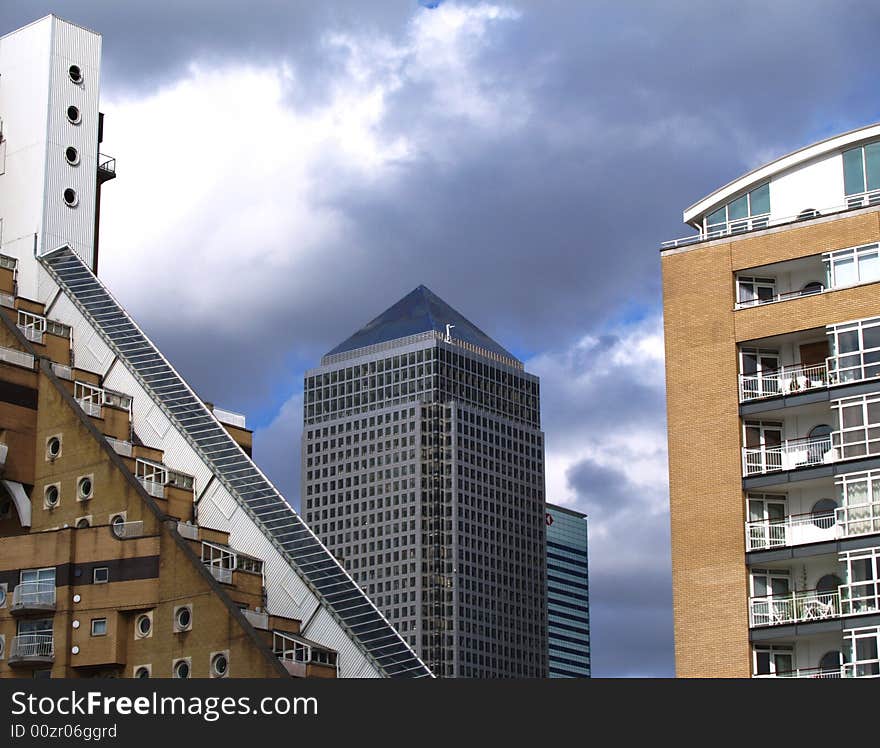 View of Canary Wharf through office and residential flats on the Thames in London. View of Canary Wharf through office and residential flats on the Thames in London