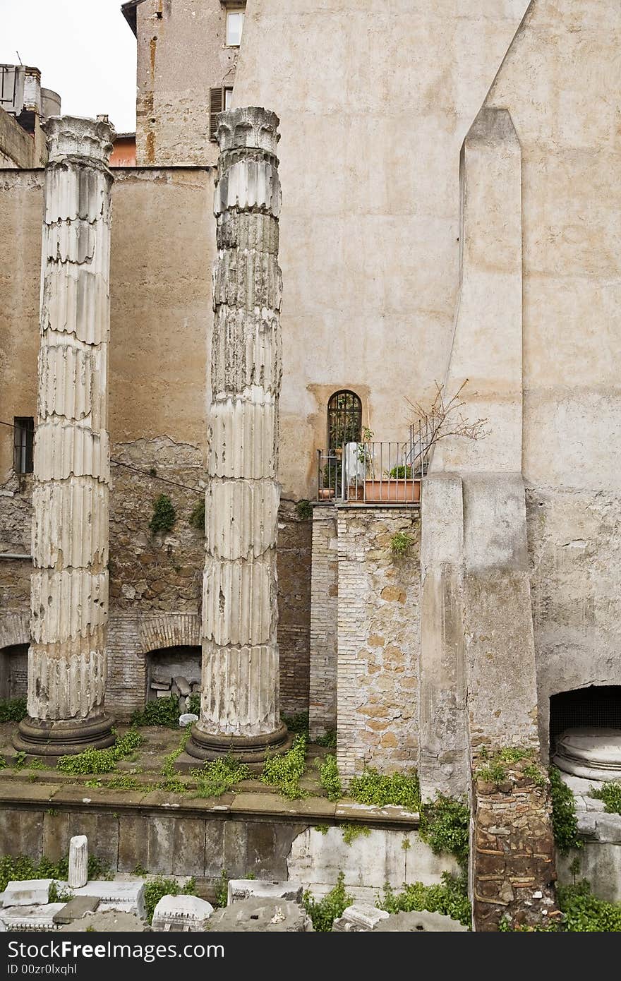 Ruins of ancient temple in Botteghe oscure street, near Argentina square at the heart of Rome. Ruins of ancient temple in Botteghe oscure street, near Argentina square at the heart of Rome