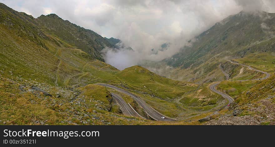 Panoramic view of the Transfagarasan motorway in the Fagaras mountains, Romania. Panoramic view of the Transfagarasan motorway in the Fagaras mountains, Romania.