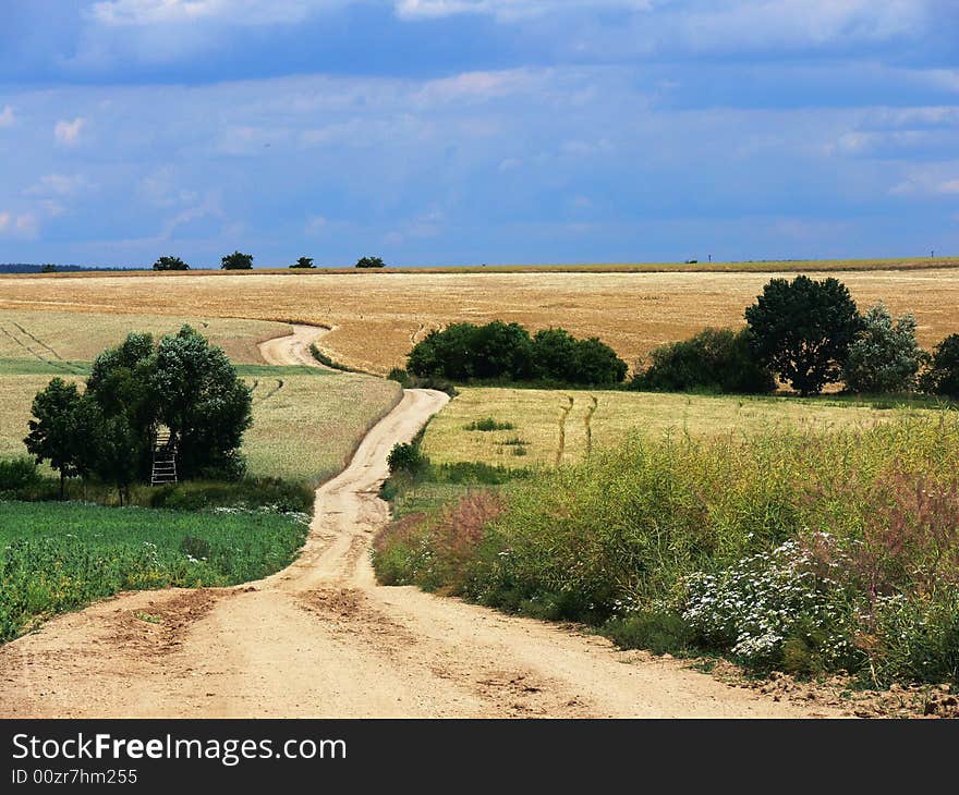 The long country road and blue sky