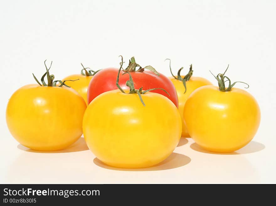 Yellow and red tomatoes against white background