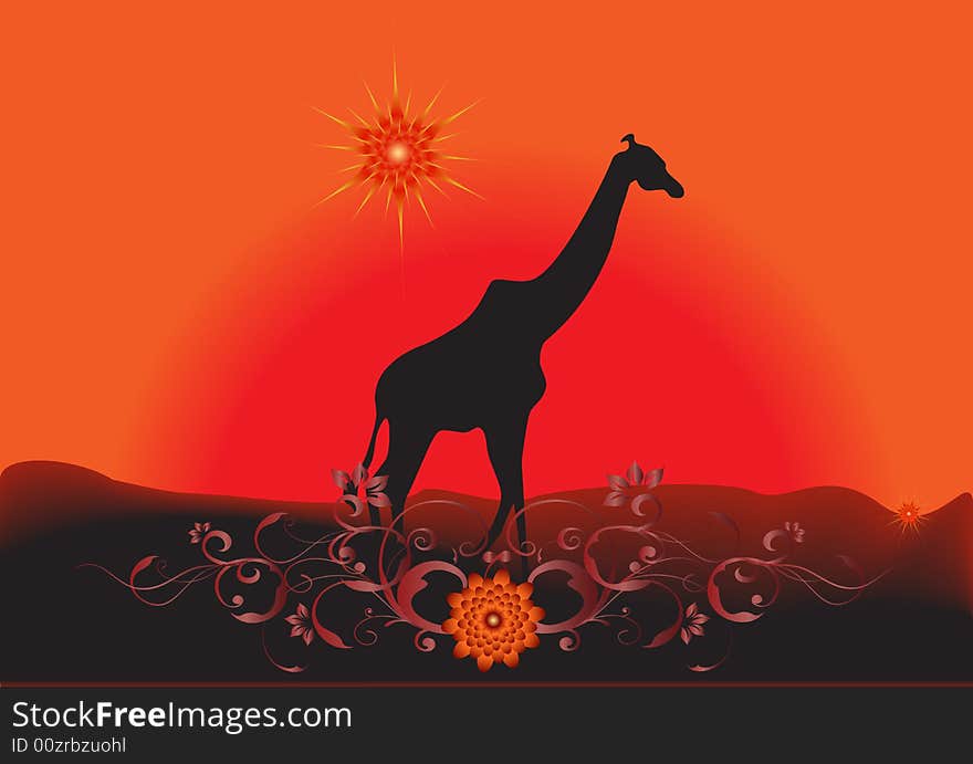 Silhouette of a giraffe on a background of a decline