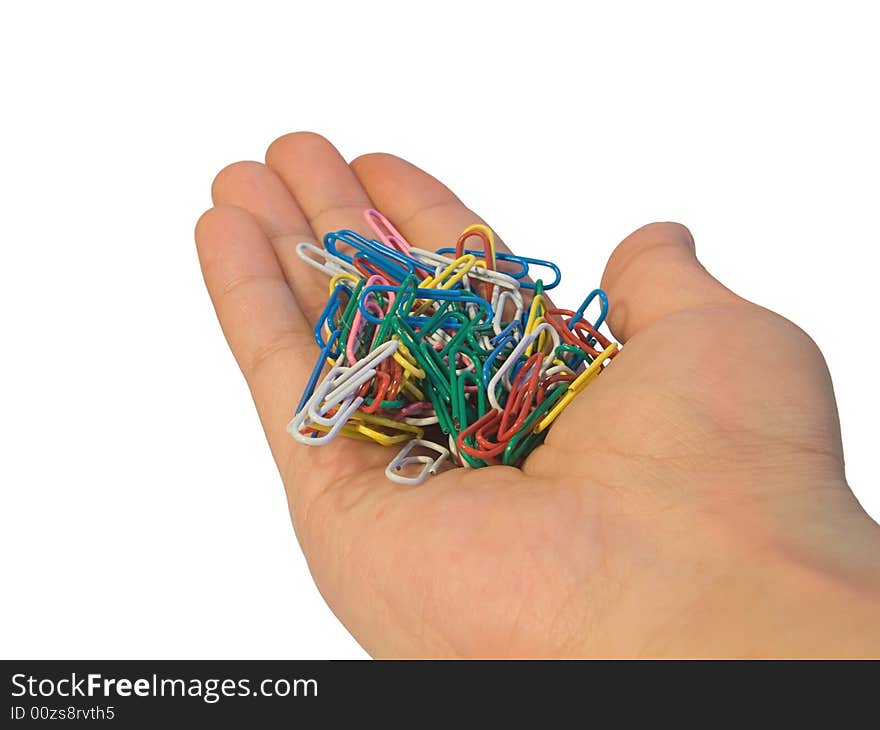 Paper clip in hand isolated on white background. Paper clip in hand isolated on white background