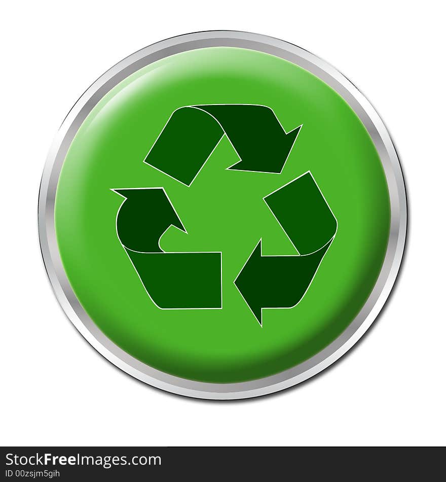 Green button with the symbol for recycling. Green button with the symbol for recycling