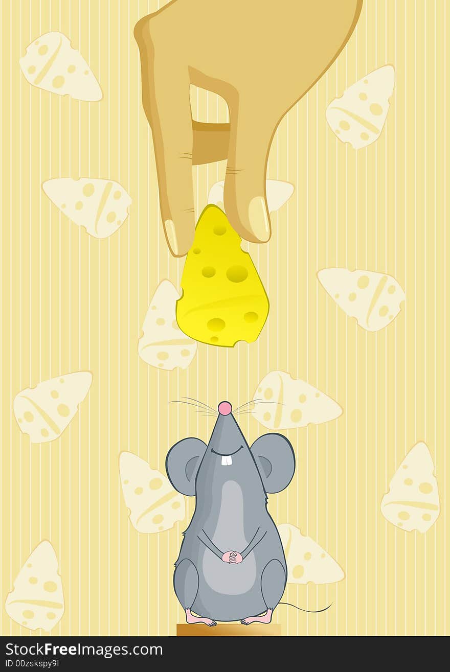 The happy mouse looking at a piece of cheese