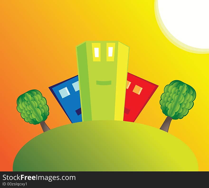 Smiling houses on a hill shined by the sun