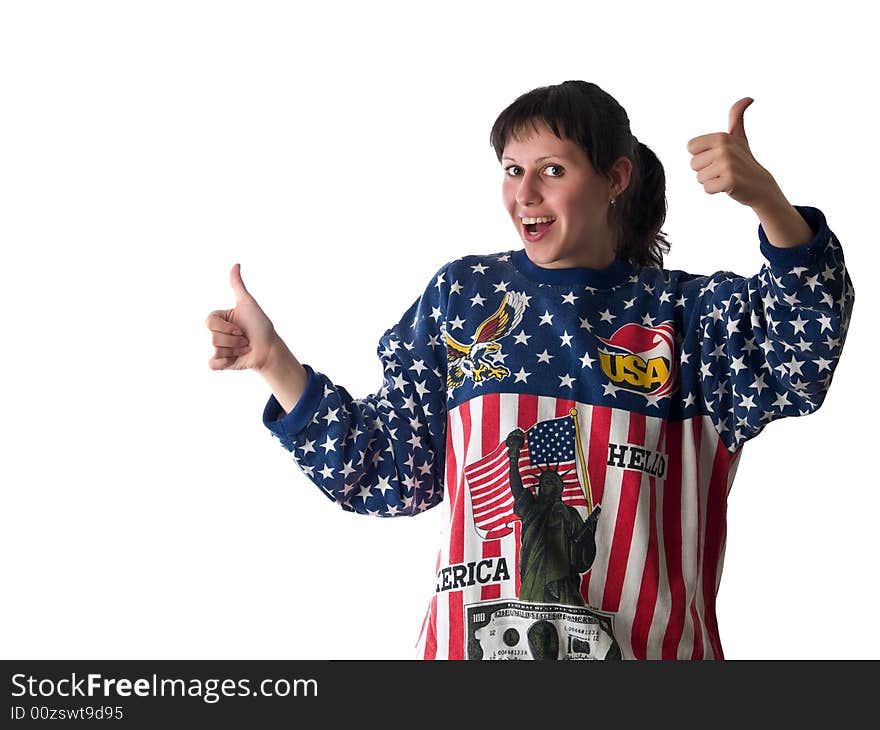 Young patriotic lady in american flag styled sweater